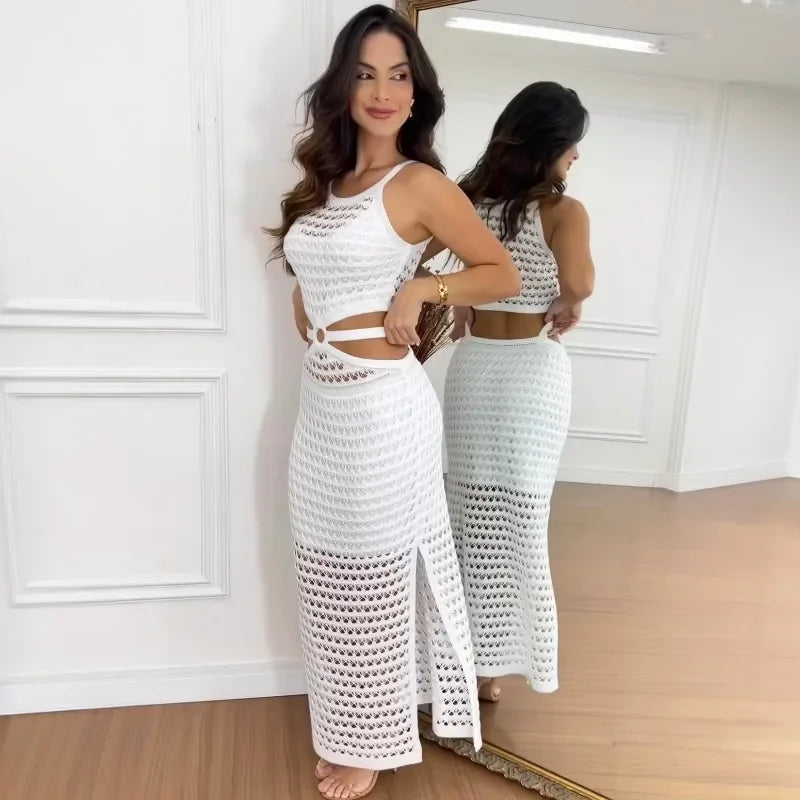 Sexy Hollow Out Women Knit Maxi Dress High Waist Cut Out Mesh Sheer Elegant Sleeveless Hem silt Beach Party Dress Femme