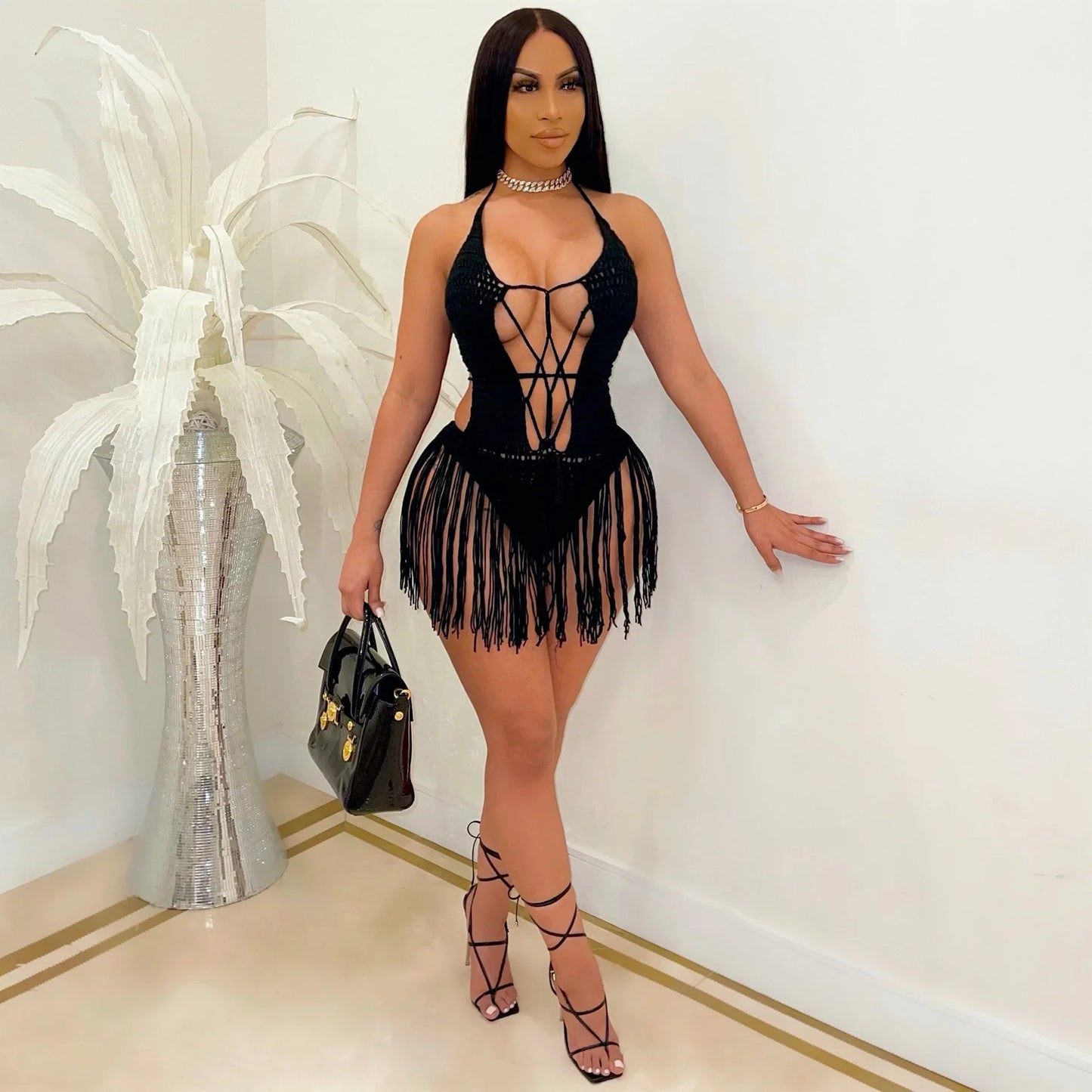 Sexy Women Knitted Dress Halter Backless Crochet Mini Dresses Hollow Out Bodycon Crocheted Beach Dress