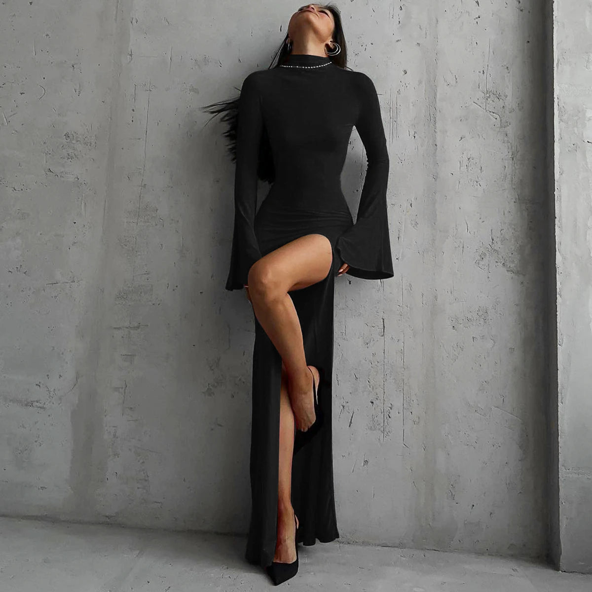 Hugcitar Turtleneck Solid Long Sleeve Backless Slit Sexy Slim Maxi Prom Dress 2024 Spring Women Clothes Birthday Party Y2K