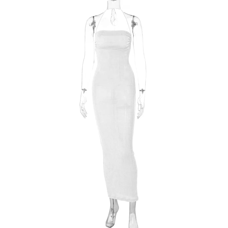 Backless Sleeveless, Swing Collar Drawstrings Hollow Out Slit Sexy Maxi Prom Dress 2023 Summer Women Party Y2K Robe