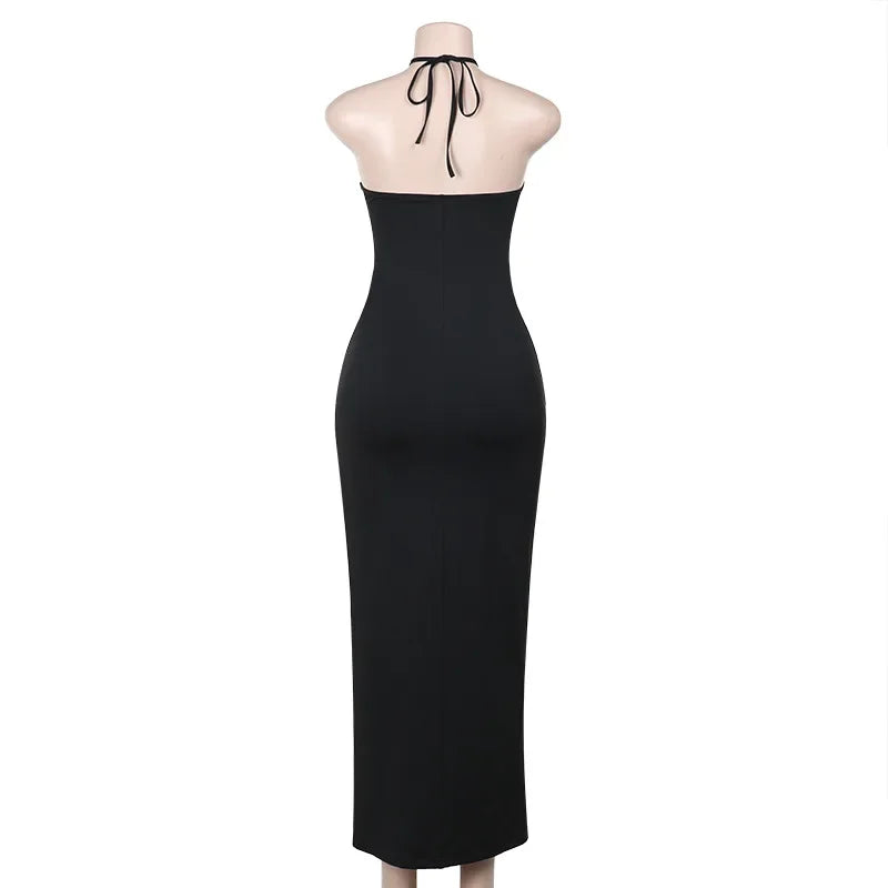 Halter Neck Dresses, Mesh Patchwork for Women Sexy Lace-up Backless See-through Evening Dress Sleeveless Backless Long Party Robe