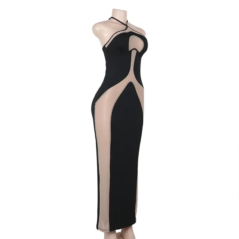Halter Neck Dresses, Mesh Patchwork for Women Sexy Lace-up Backless See-through Evening Dress Sleeveless Backless Long Party Robe