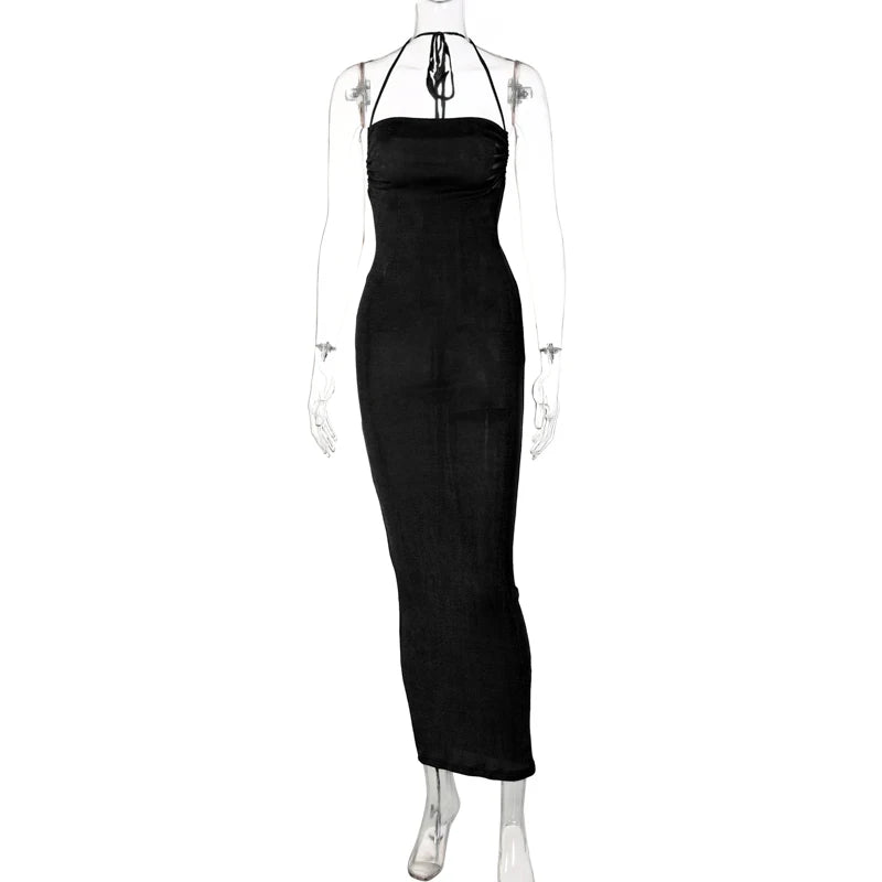 Backless Sleeveless, Swing Collar Drawstrings Hollow Out Slit Sexy Maxi Prom Dress 2023 Summer Women Party Y2K Robe