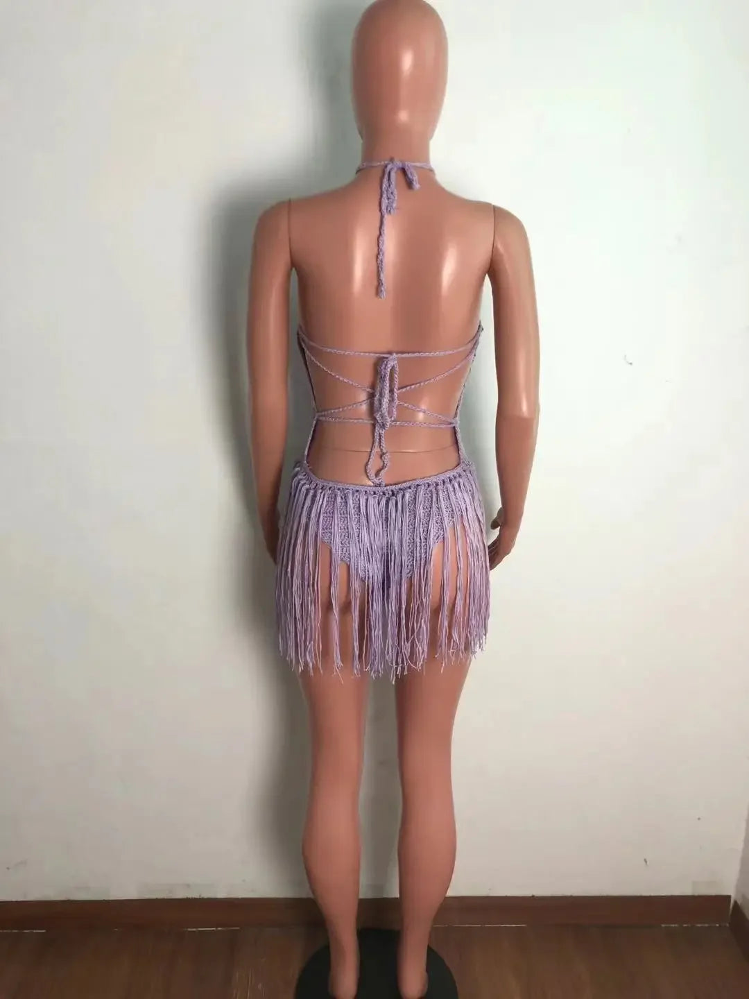 Sexy Women Knitted Dress Halter Backless Crochet Mini Dresses Hollow Out Bodycon Crocheted Beach Dress
