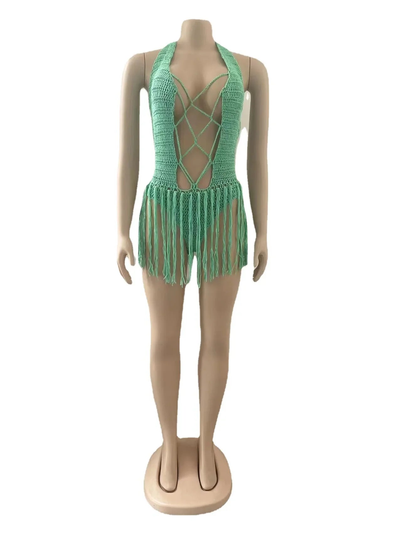 Sexy Women Knitted Dress Halter Backless Crochet Mini Dresses Hollow Out Bodycon Crocheted Beach Dress