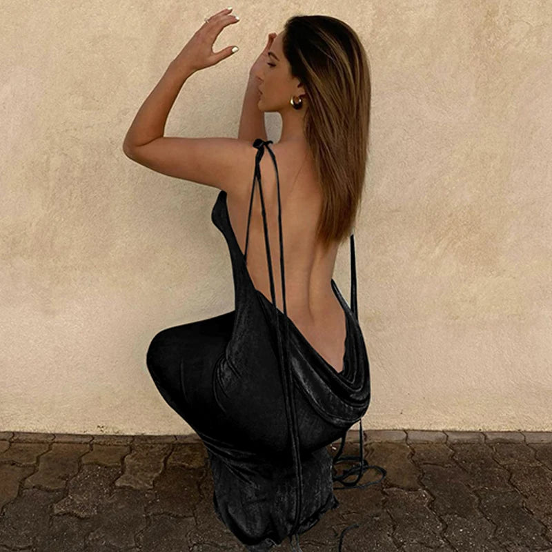 Backless Sleeveless, Swing Collar Drawstrings Hollow Out Slit Sexy Maxi Prom Dress 2023 Summer Women Party Y2K Robe