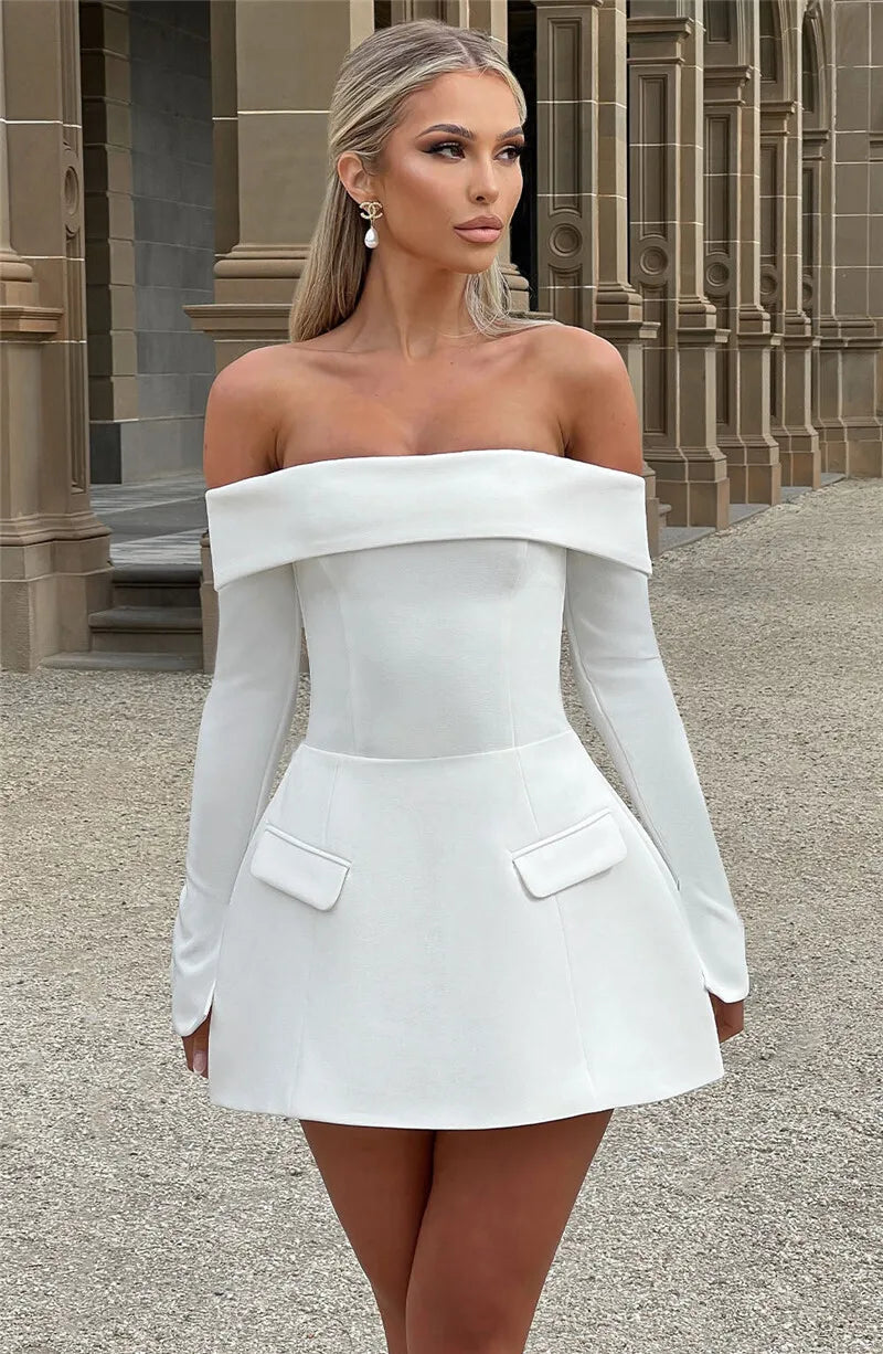 Mozision Off-shoulder Long Sleeve Sexy Mini Dress For Women Two Pocket Strapless Backless A-line Club Party Sexy Dress Elegant