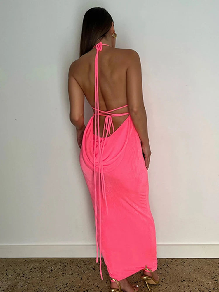 Backless Sleeveless, Swing Collar Drawstrings Hollow Out Slit Sexy Maxi Prom Dress 2023 Summer Women Party Y2K Robe
