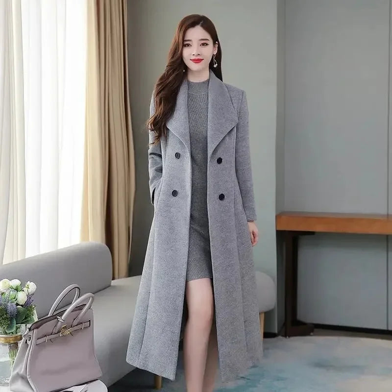 Women's Wool Coat - Long, Thick, Slim Fit with Waist Fitting, Knee-Length for Elegant and Warm Wear.