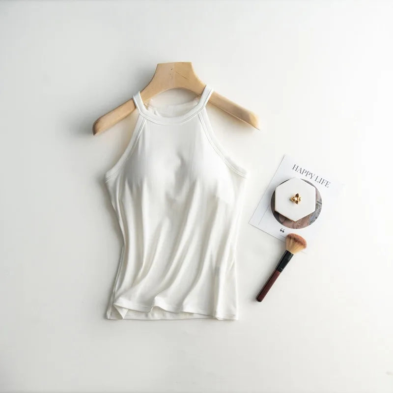 Halter Neck Off-shoulder Camisole Tops Basic Solid Women T shirts Tees Summer Female Tanks Sleeveless With Chest Pad