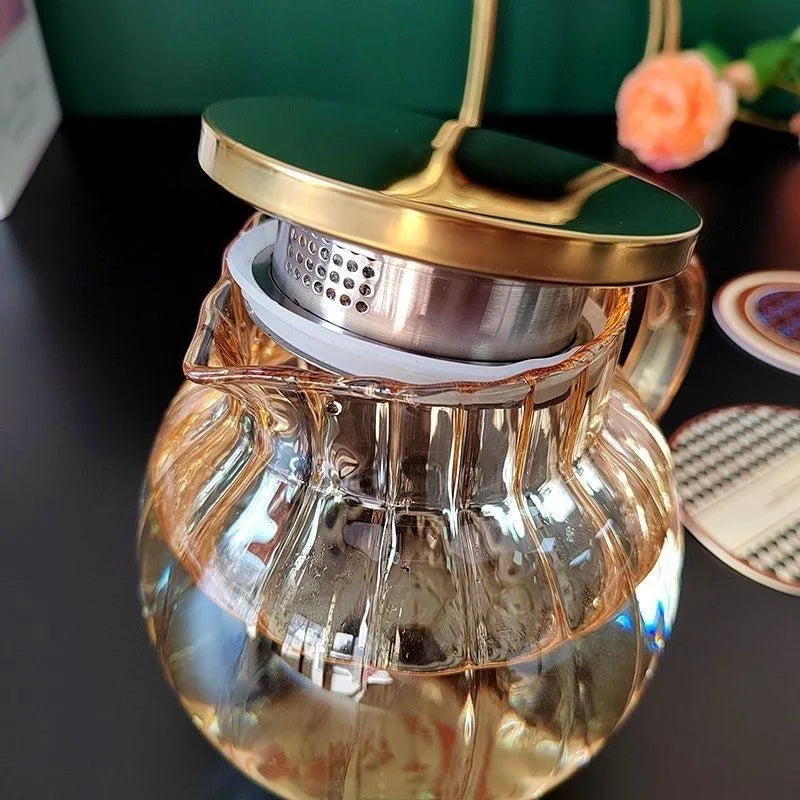 Coffee Teapot, Glass Kettle Pots Teapot Kawaii Color Pumpkin Thermal Water Bottle 1000ml with Cup Moka Pot Home Appliance Kitchen Accessories