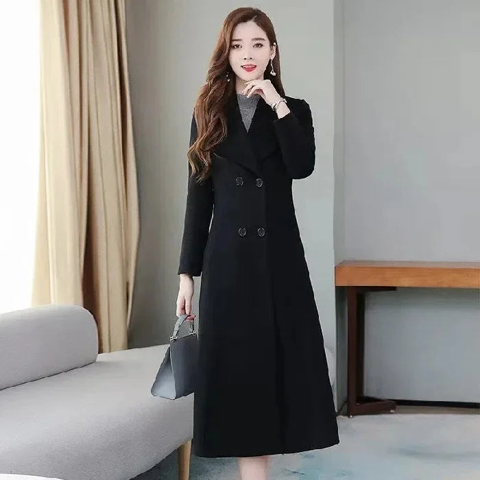 Women's Wool Coat - Long, Thick, Slim Fit with Waist Fitting, Knee-Length for Elegant and Warm Wear.