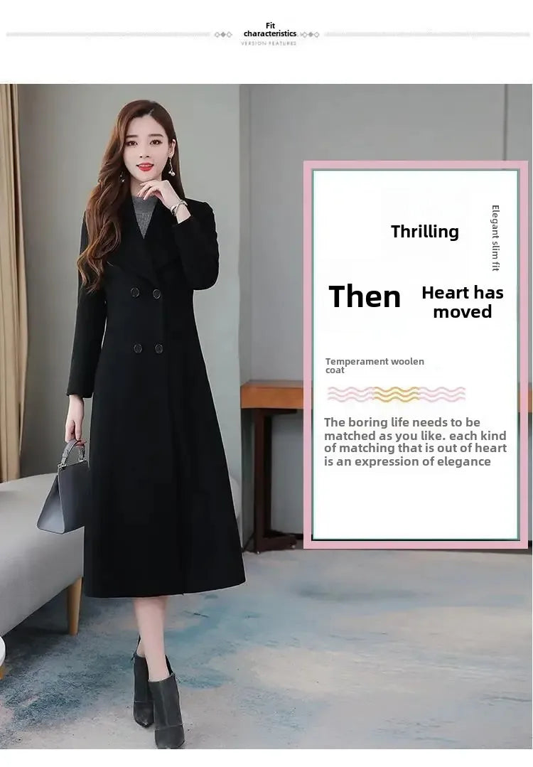 Women's Wool Coat - Long, Thick, Slim Fit with Waist Fitting, Knee-Length for Elegant and Warm Wear.