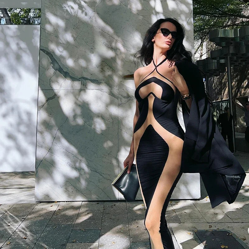 Halter Neck Dresses, Mesh Patchwork for Women Sexy Lace-up Backless See-through Evening Dress Sleeveless Backless Long Party Robe