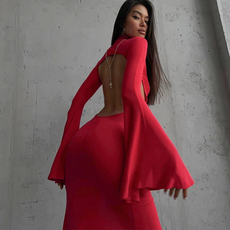 Hugcitar Turtleneck Solid Long Sleeve Backless Slit Sexy Slim Maxi Prom Dress 2024 Spring Women Clothes Birthday Party Y2K