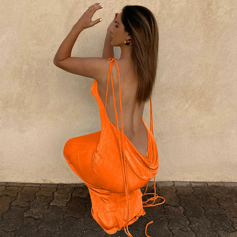 Backless Sleeveless, Swing Collar Drawstrings Hollow Out Slit Sexy Maxi Prom Dress 2023 Summer Women Party Y2K Robe