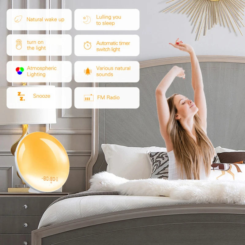 Alarm Clock, Wake Up Alarm Clock Light with Sunrise/Sunset Simulation Dual Alarms FM Radio Nightlight 7 Colors Natural Sounds Snooze