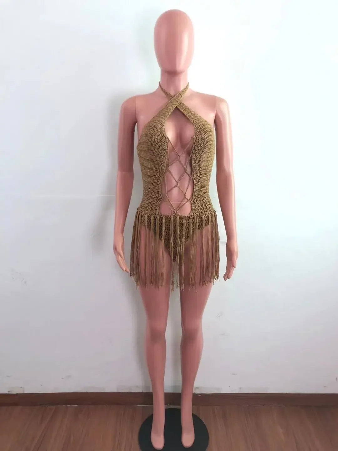 Sexy Women Knitted Dress Halter Backless Crochet Mini Dresses Hollow Out Bodycon Crocheted Beach Dress