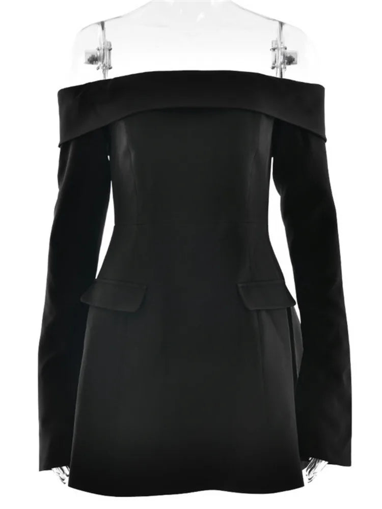 Mozision Off-shoulder Long Sleeve Sexy Mini Dress For Women Two Pocket Strapless Backless A-line Club Party Sexy Dress Elegant