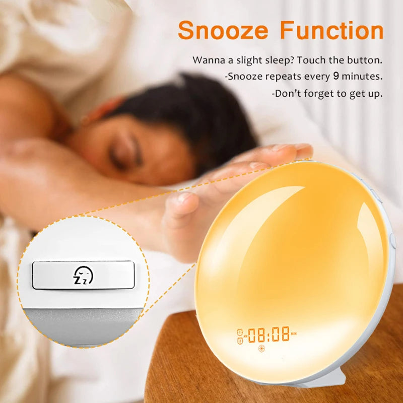 Alarm Clock, Wake Up Alarm Clock Light with Sunrise/Sunset Simulation Dual Alarms FM Radio Nightlight 7 Colors Natural Sounds Snooze