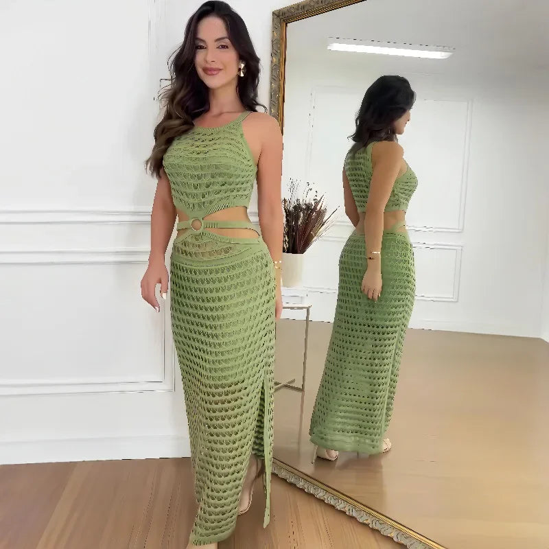 Sexy Hollow Out Women Knit Maxi Dress High Waist Cut Out Mesh Sheer Elegant Sleeveless Hem silt Beach Party Dress Femme