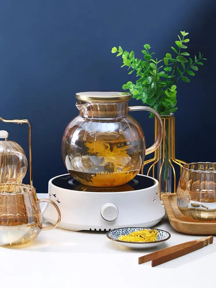 Coffee Teapot, Glass Kettle Pots Teapot Kawaii Color Pumpkin Thermal Water Bottle 1000ml with Cup Moka Pot Home Appliance Kitchen Accessories