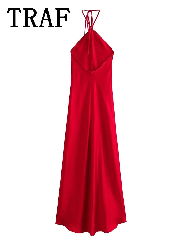 2024 Halter Long Dresses for Women Backless Satin Dress Woman Off Shoulder Sexy Midi Dresses Elegant Evening Party Dress