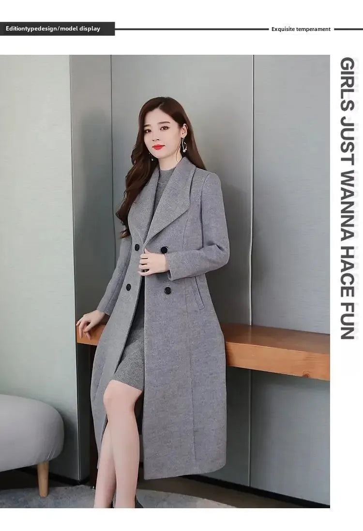 Women's Wool Coat - Long, Thick, Slim Fit with Waist Fitting, Knee-Length for Elegant and Warm Wear.