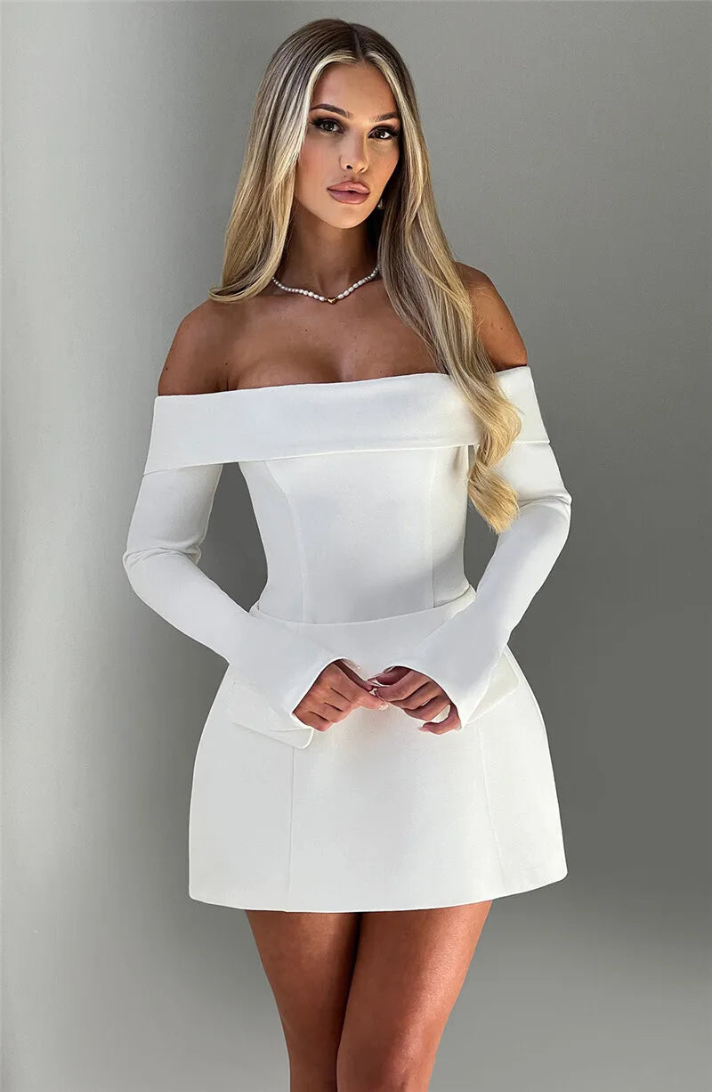 Mozision Off-shoulder Long Sleeve Sexy Mini Dress For Women Two Pocket Strapless Backless A-line Club Party Sexy Dress Elegant