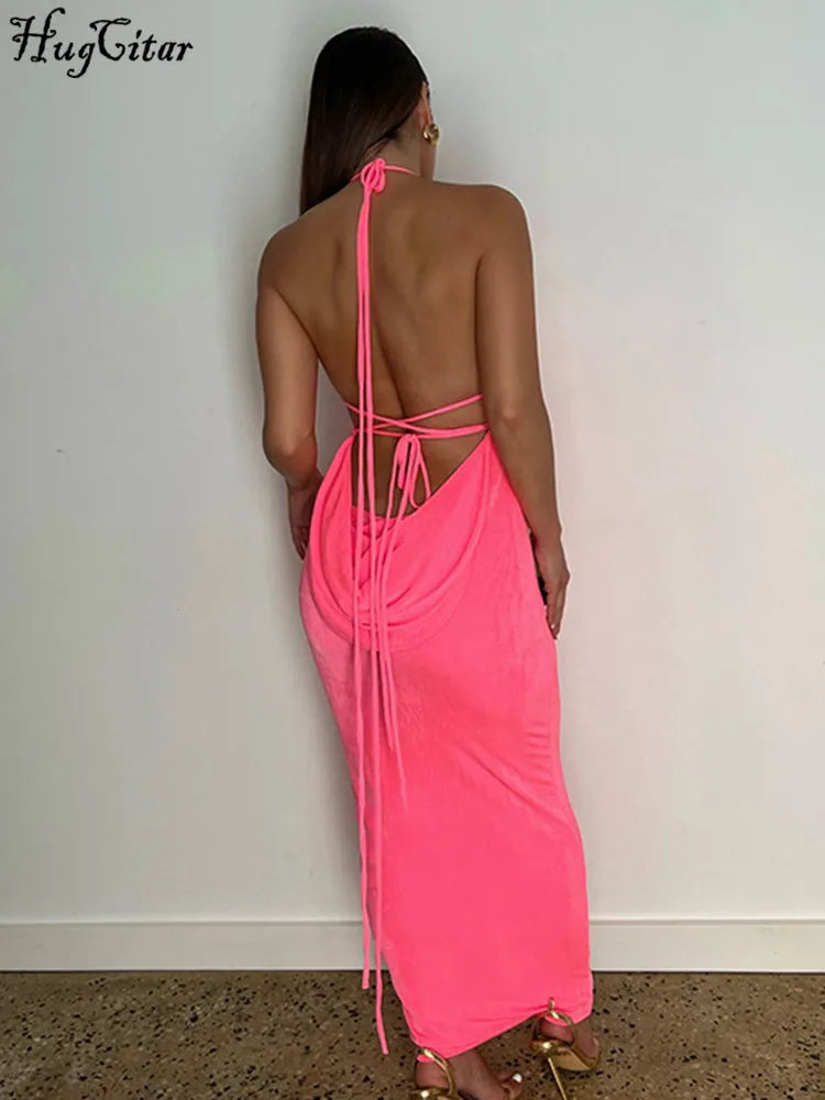 Backless Sleeveless, Swing Collar Drawstrings Hollow Out Slit Sexy Maxi Prom Dress 2023 Summer Women Party Y2K Robe