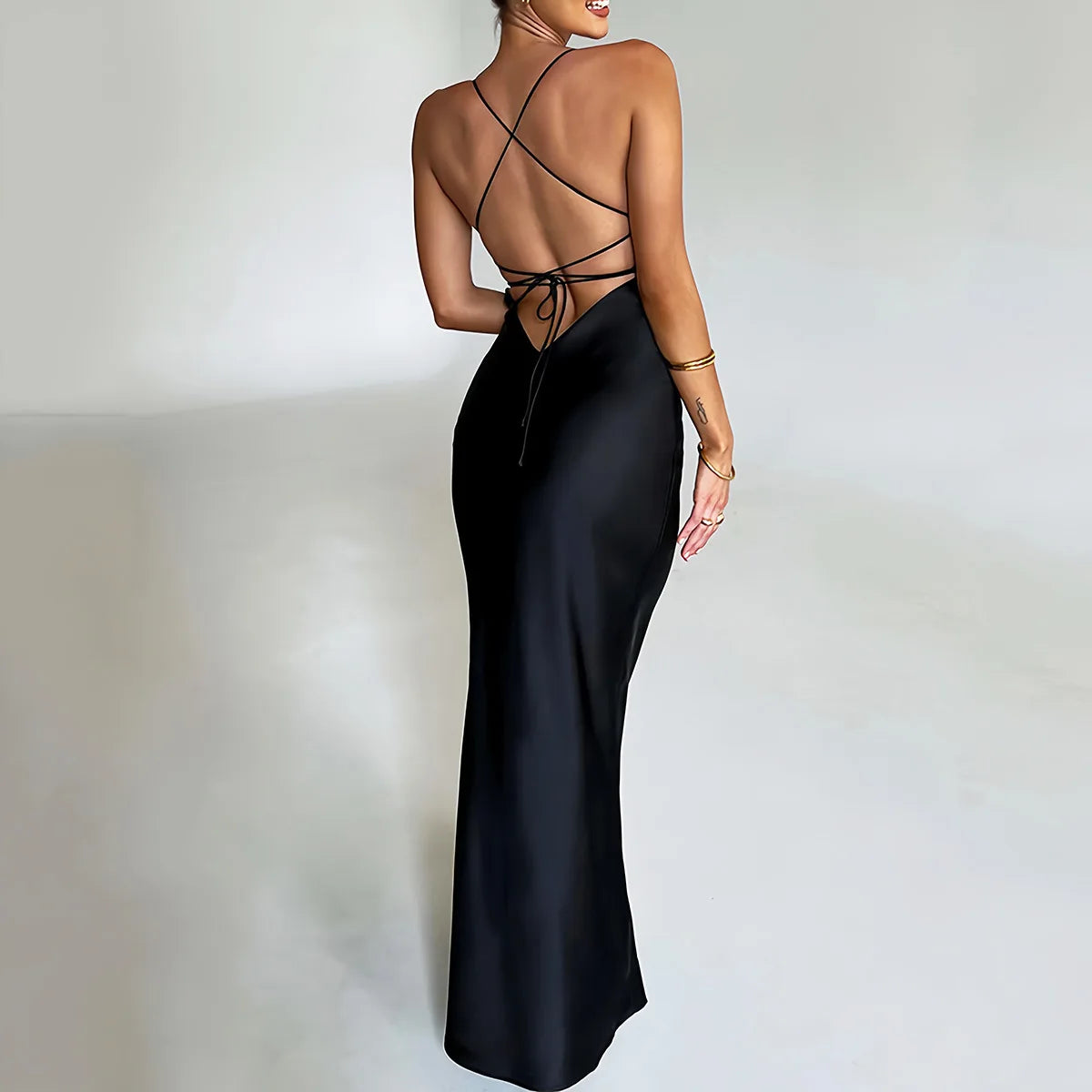 Satin Dress, Backless Lace Up Mermaid Slip Dress Women Sweetheart Neck Sexy Slim Bodycon Dresses Elegant Silk Gown Partywear
