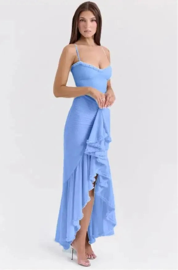 Maxi Gown, Suninheart Irregular Mesh Party Dress 2024 New Arrivals Spaghetti Strap Bodycon Dress Fashion Ruched