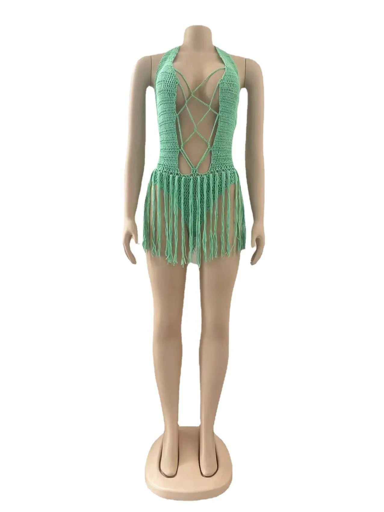 Sexy Women Knitted Dress Halter Backless Crochet Mini Dresses Hollow Out Bodycon Crocheted Beach Dress