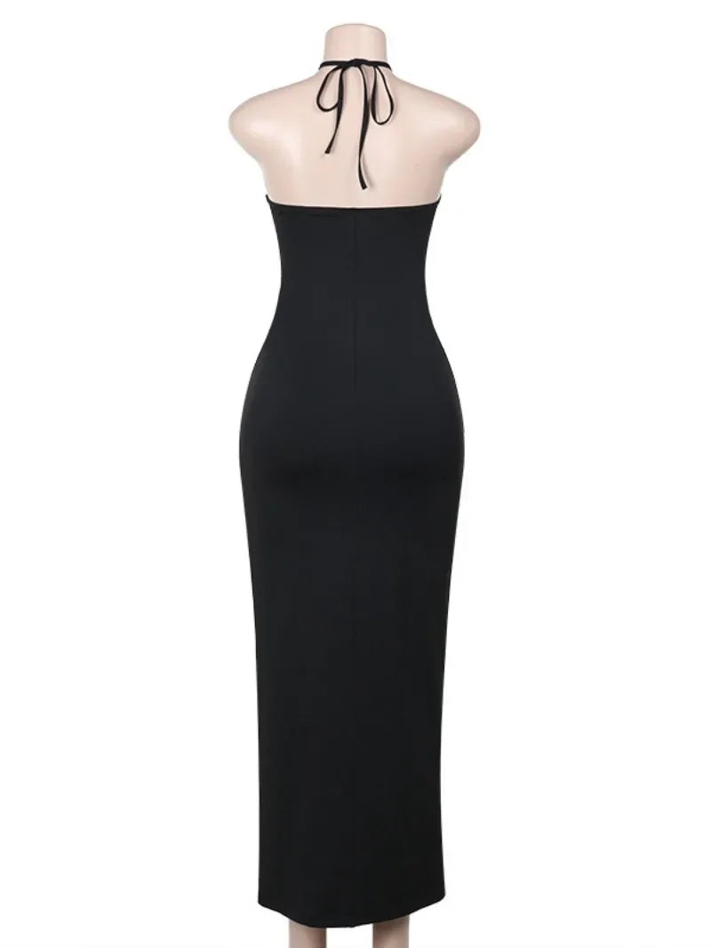Halter Neck Dresses, Mesh Patchwork for Women Sexy Lace-up Backless See-through Evening Dress Sleeveless Backless Long Party Robe