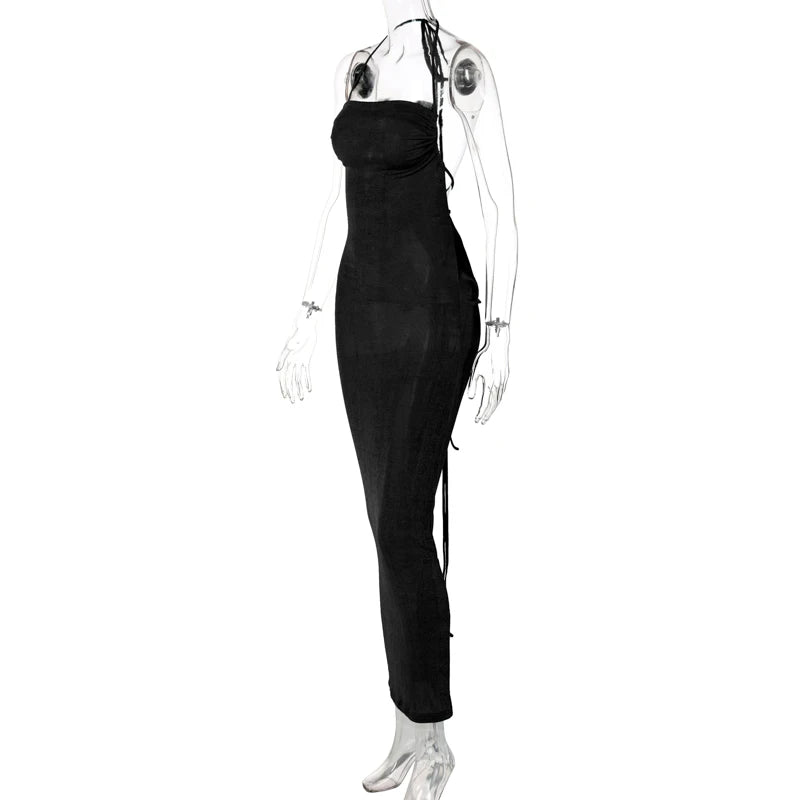 Backless Sleeveless, Swing Collar Drawstrings Hollow Out Slit Sexy Maxi Prom Dress 2023 Summer Women Party Y2K Robe