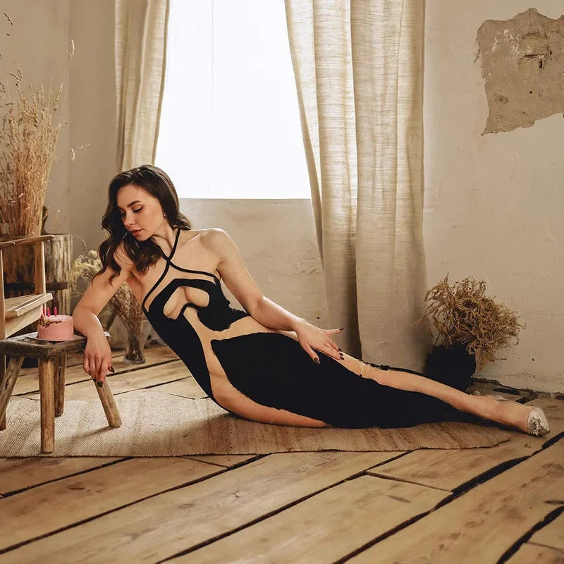 Halter Neck Dresses, Mesh Patchwork for Women Sexy Lace-up Backless See-through Evening Dress Sleeveless Backless Long Party Robe