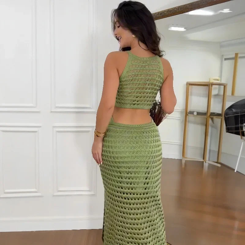 Sexy Hollow Out Women Knit Maxi Dress High Waist Cut Out Mesh Sheer Elegant Sleeveless Hem silt Beach Party Dress Femme