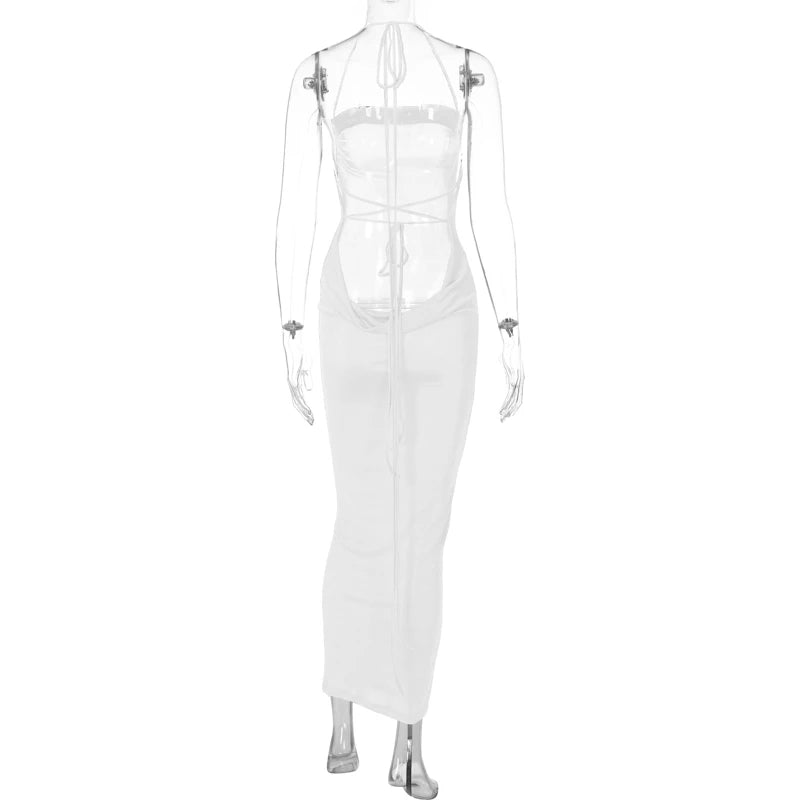 Backless Sleeveless, Swing Collar Drawstrings Hollow Out Slit Sexy Maxi Prom Dress 2023 Summer Women Party Y2K Robe