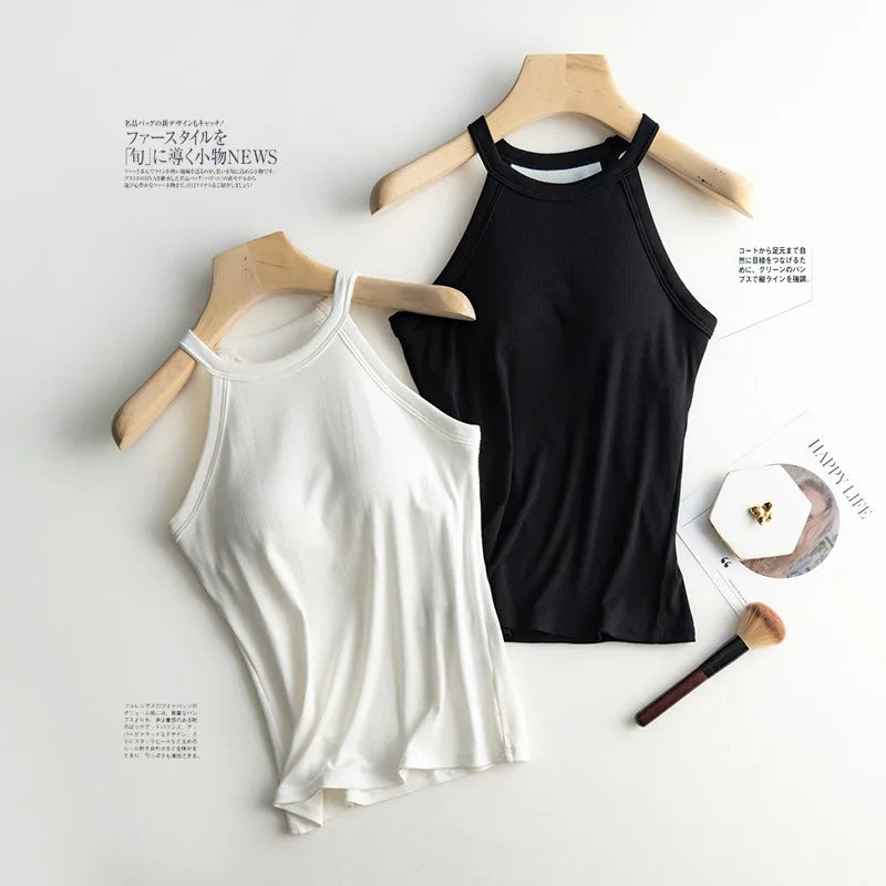 Halter Neck Off-shoulder Camisole Tops Basic Solid Women T shirts Tees Summer Female Tanks Sleeveless With Chest Pad