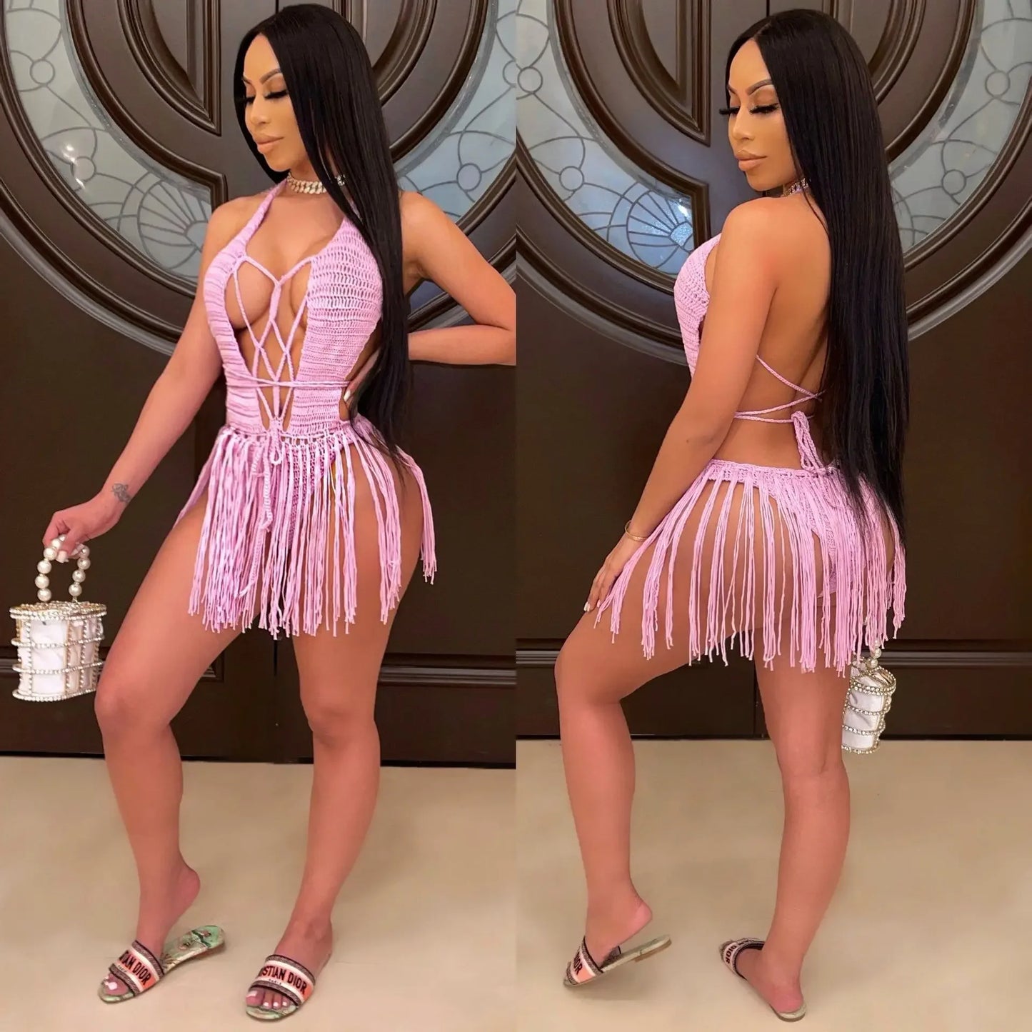 Sexy Women Knitted Dress Halter Backless Crochet Mini Dresses Hollow Out Bodycon Crocheted Beach Dress
