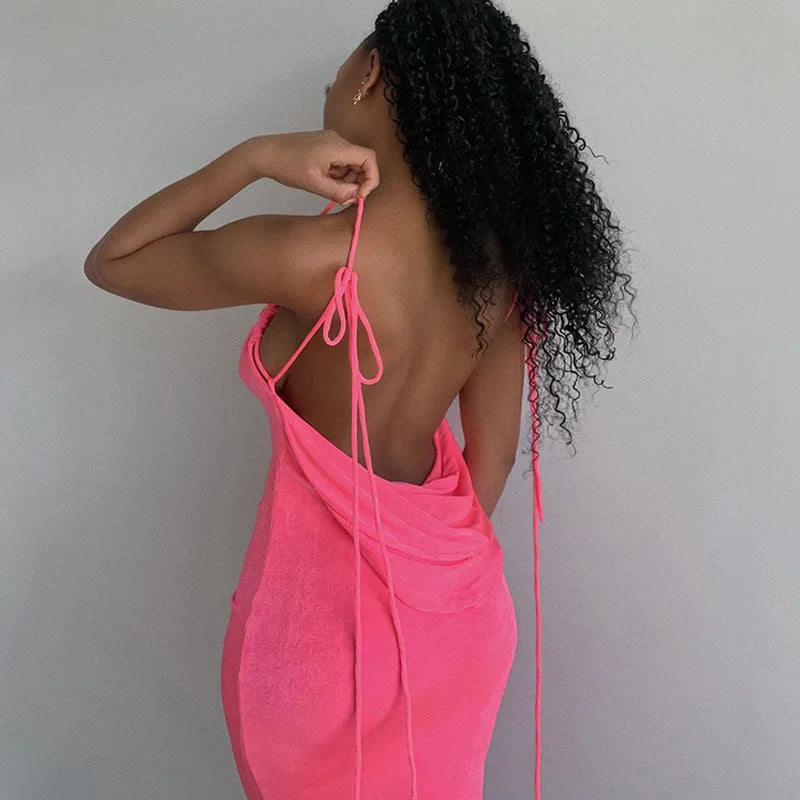 Backless Sleeveless, Swing Collar Drawstrings Hollow Out Slit Sexy Maxi Prom Dress 2023 Summer Women Party Y2K Robe