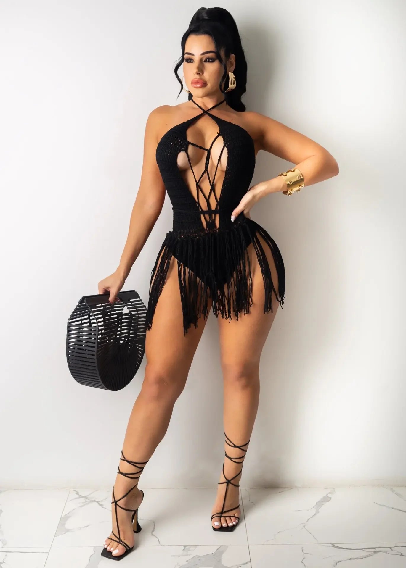 Sexy Women Knitted Dress Halter Backless Crochet Mini Dresses Hollow Out Bodycon Crocheted Beach Dress