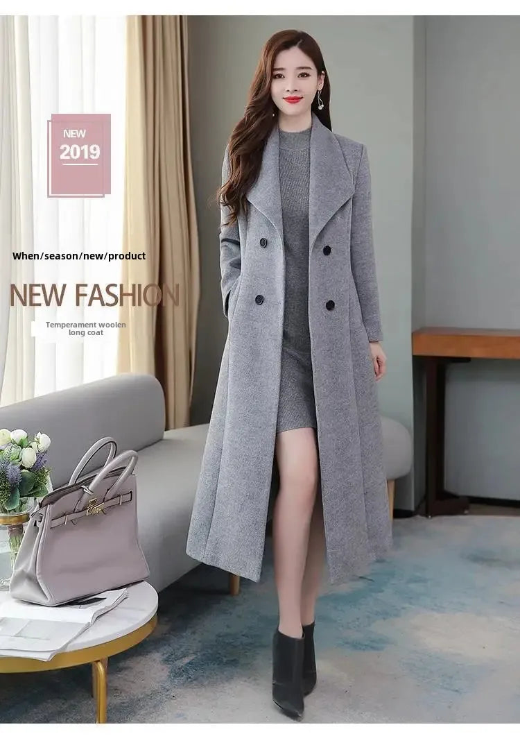 Women's Wool Coat - Long, Thick, Slim Fit with Waist Fitting, Knee-Length for Elegant and Warm Wear.