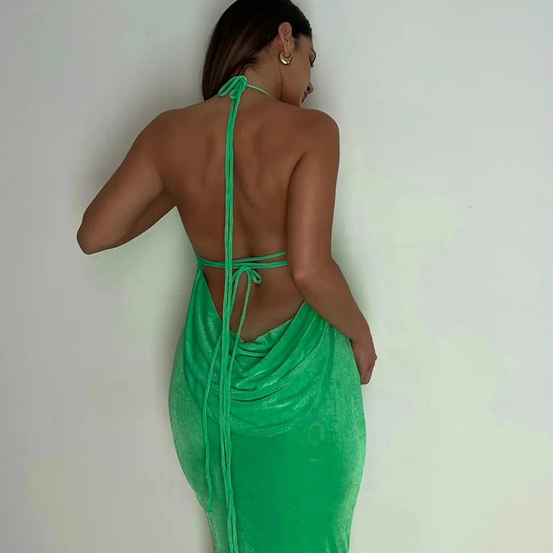 Backless Sleeveless, Swing Collar Drawstrings Hollow Out Slit Sexy Maxi Prom Dress 2023 Summer Women Party Y2K Robe