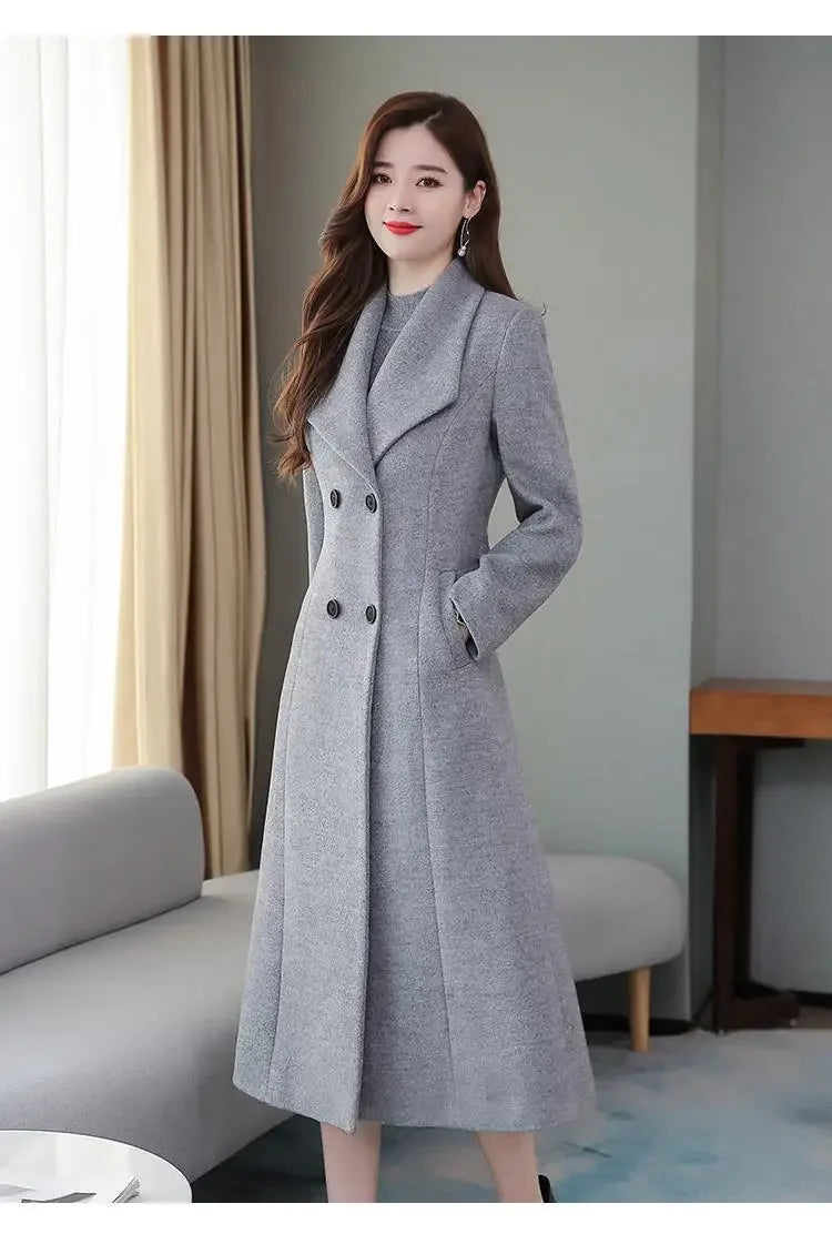 Women's Wool Coat - Long, Thick, Slim Fit with Waist Fitting, Knee-Length for Elegant and Warm Wear.