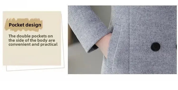 Women's Wool Coat - Long, Thick, Slim Fit with Waist Fitting, Knee-Length for Elegant and Warm Wear.