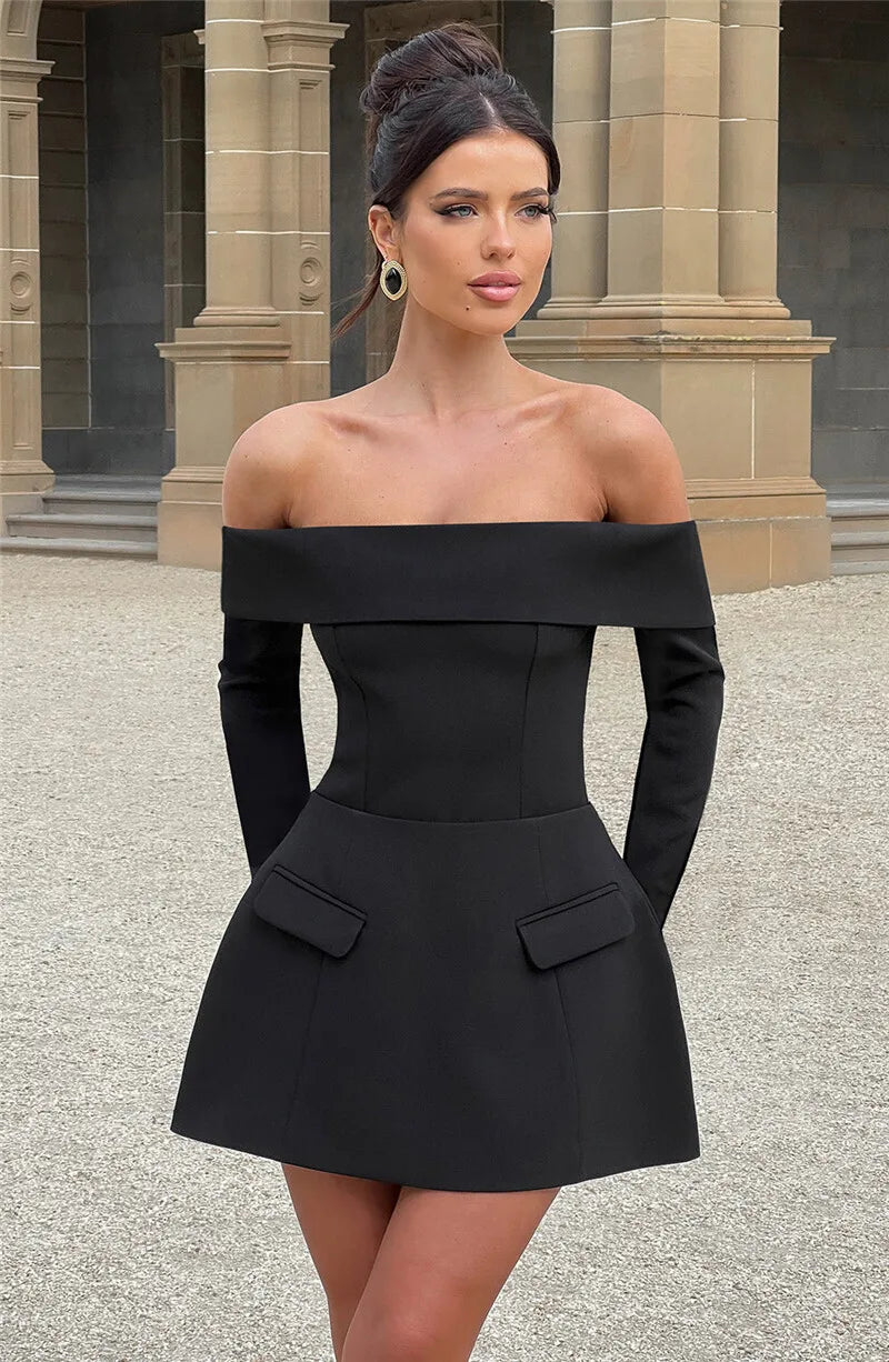 Mozision Off-shoulder Long Sleeve Sexy Mini Dress For Women Two Pocket Strapless Backless A-line Club Party Sexy Dress Elegant
