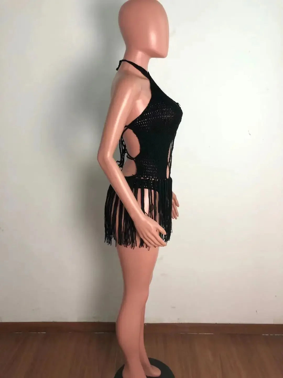 Sexy Women Knitted Dress Halter Backless Crochet Mini Dresses Hollow Out Bodycon Crocheted Beach Dress