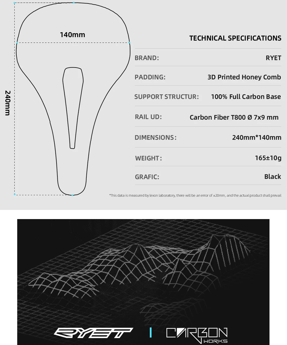 RYET 3D Printed Bike Carbon Saddle 140mm SuperLight 165g Road MTB Racing Saddles Bicycle Seat Cushion Cycling Seating Parts
