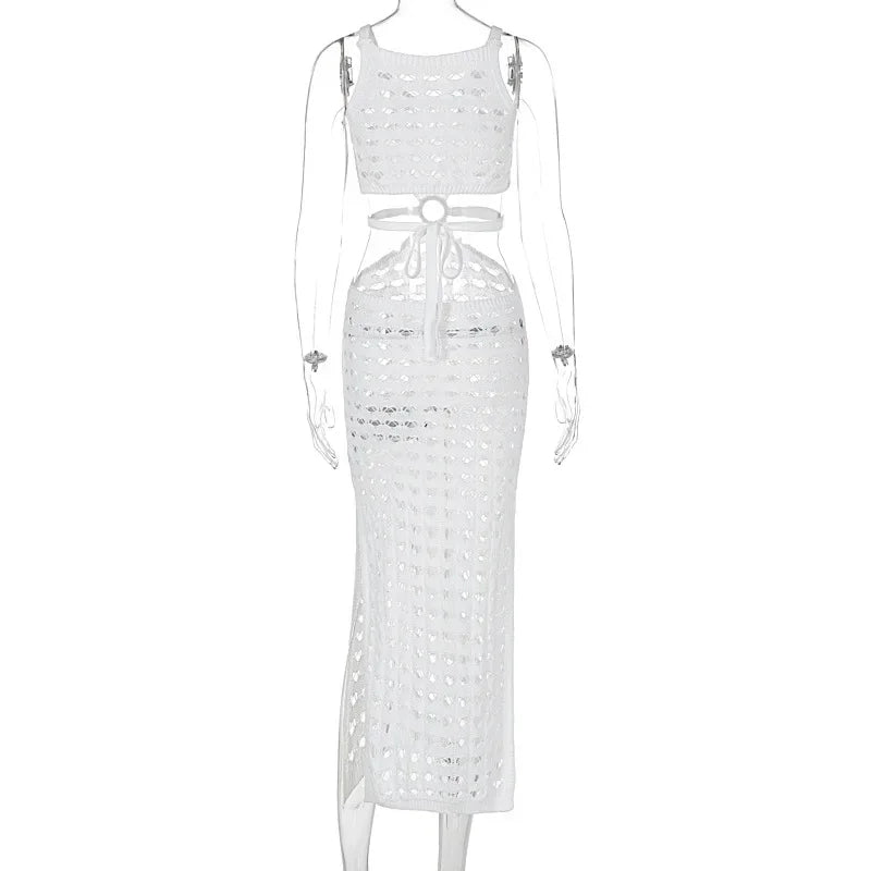 Sexy Hollow Out Women Knit Maxi Dress High Waist Cut Out Mesh Sheer Elegant Sleeveless Hem silt Beach Party Dress Femme